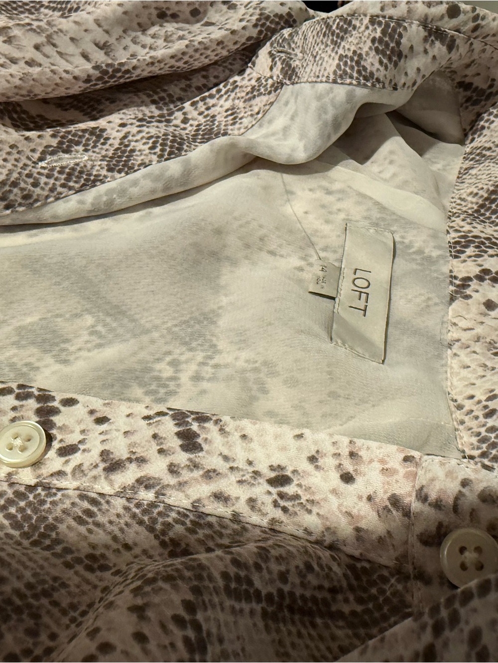 LOFT Cream and Taupe Snake-Print Button Blouse